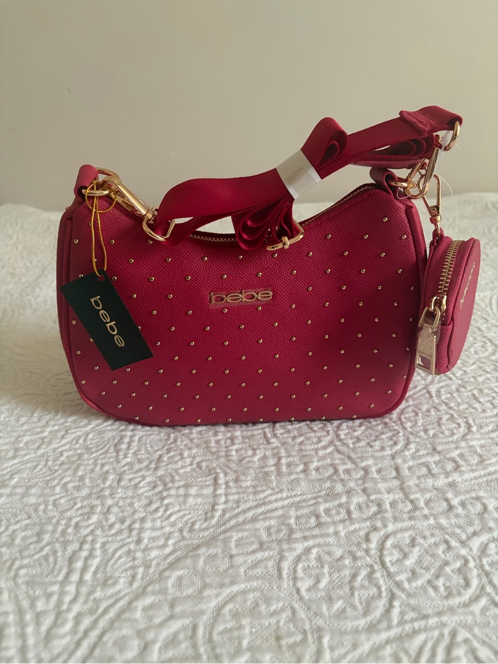 NWT bebe Sagan Studded Crossbody Bag with Coin Pouch Dark Pink